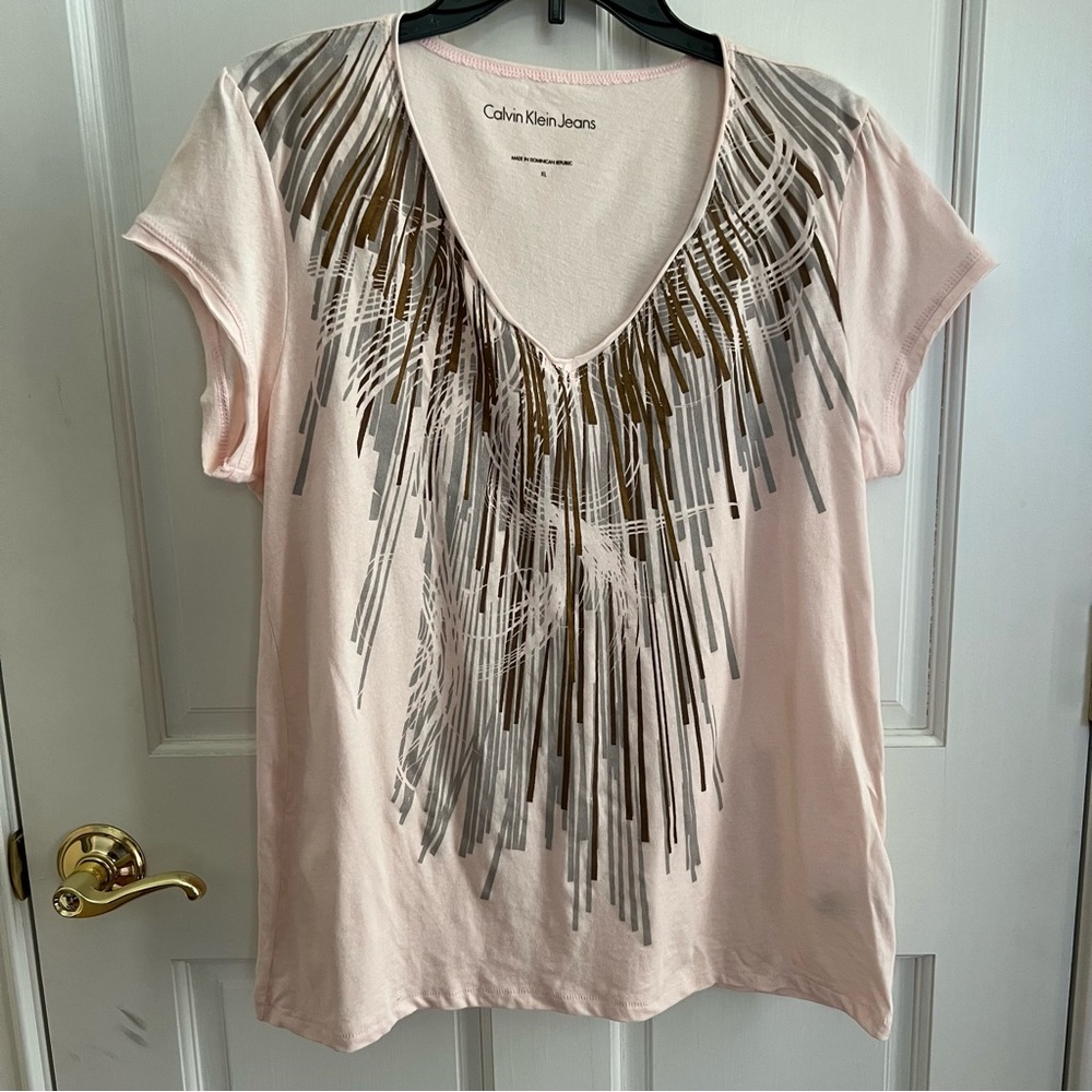 Womens CALVIN KLEIN JEANS Peach Graphic 100% Cotton Cap Sleeve Tee Size XL